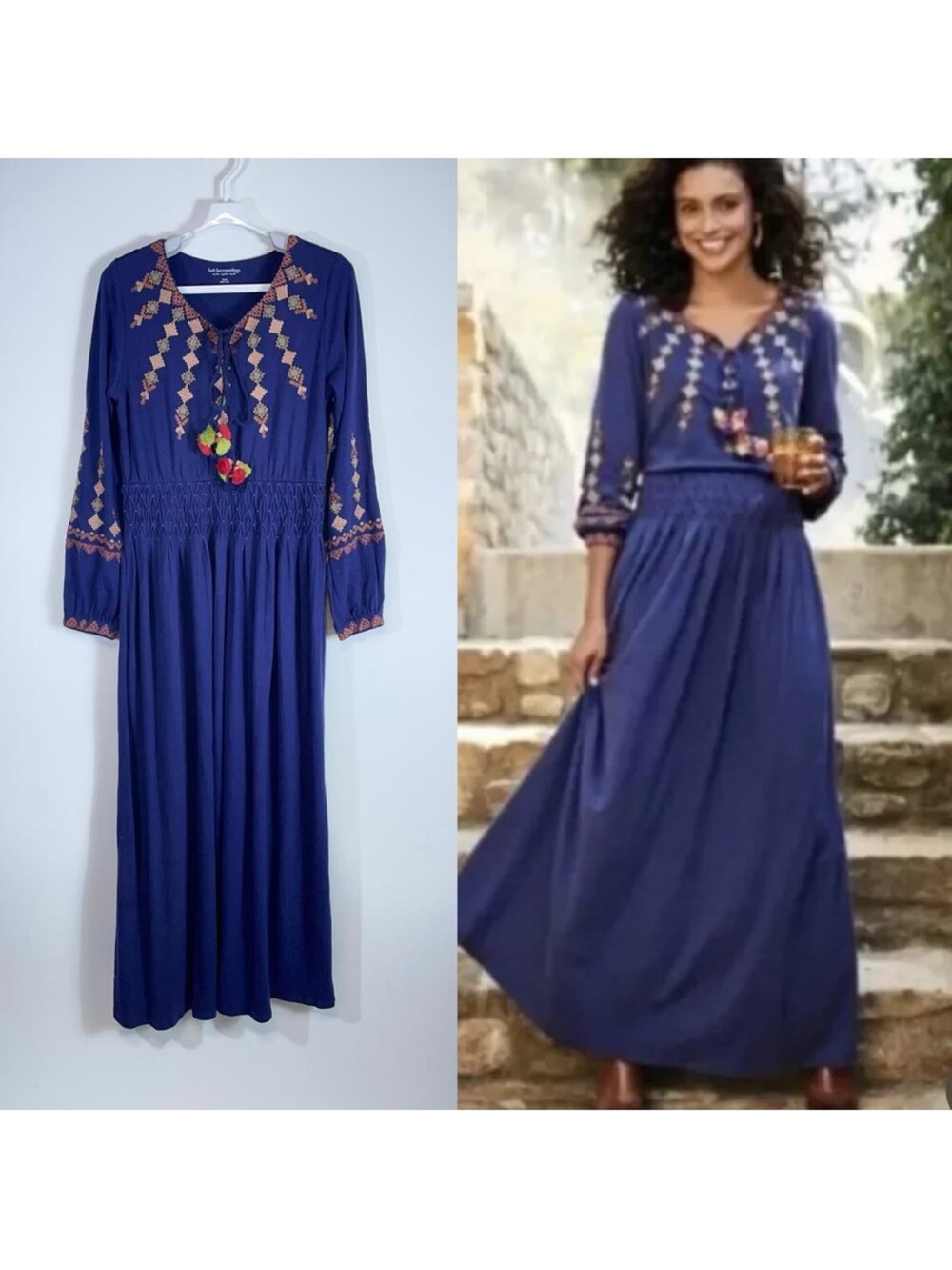 Soft Surroundings Socorro Dress Blue Embroidered Smocked Beaded Size Small NEW